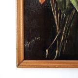 Painting, signed oil painting: flowers on a black background, 50s