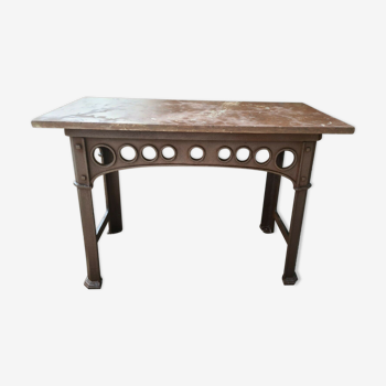 Table console industrielle  en fonte et marbre