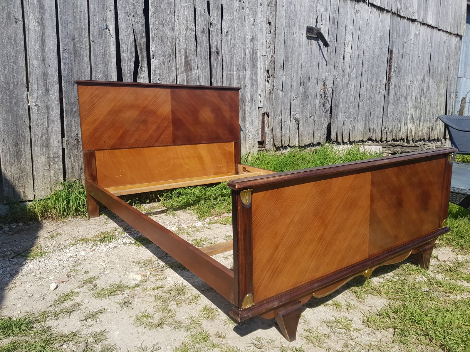 Former art deco bed 2 people wood - vintage golden ornaments