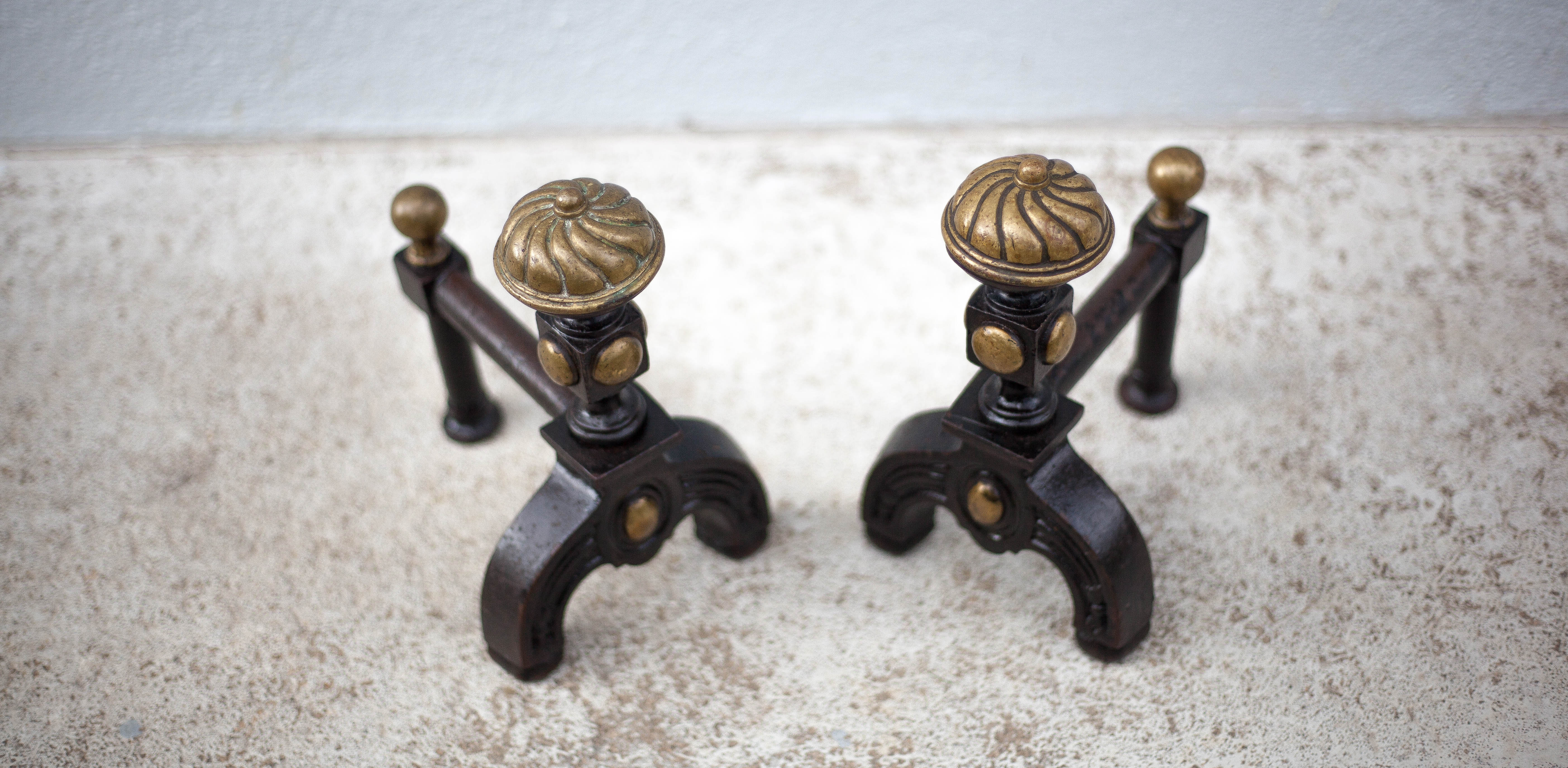 Vintage fireplace pegs, empire style cast iron and brass pegs, fireplace accessories