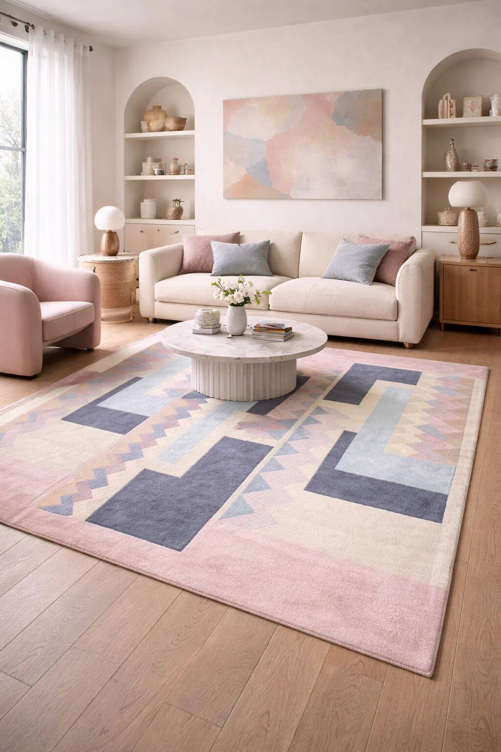 Hand-knotted wool rug by Tisca with a geometric pattern, signed "ILES", France, 1990s.