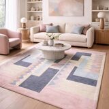 Hand-knotted wool rug by Tisca with a geometric pattern, signed "ILES", France, 1990s.