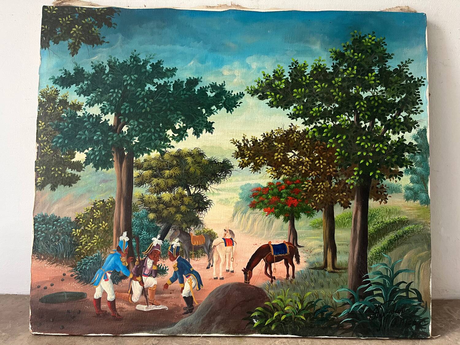 Soldiers and horses lost in the forest, signed