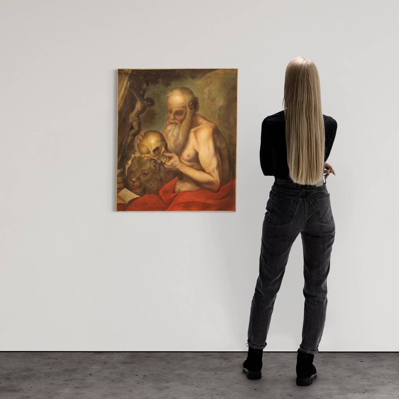 Antique religious painting from the 17th century, Saint Jerome