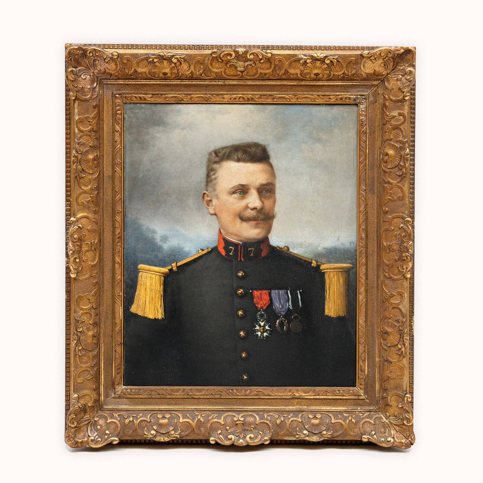 Antique portrait painting of a decorated gentleman with icy blue eyes