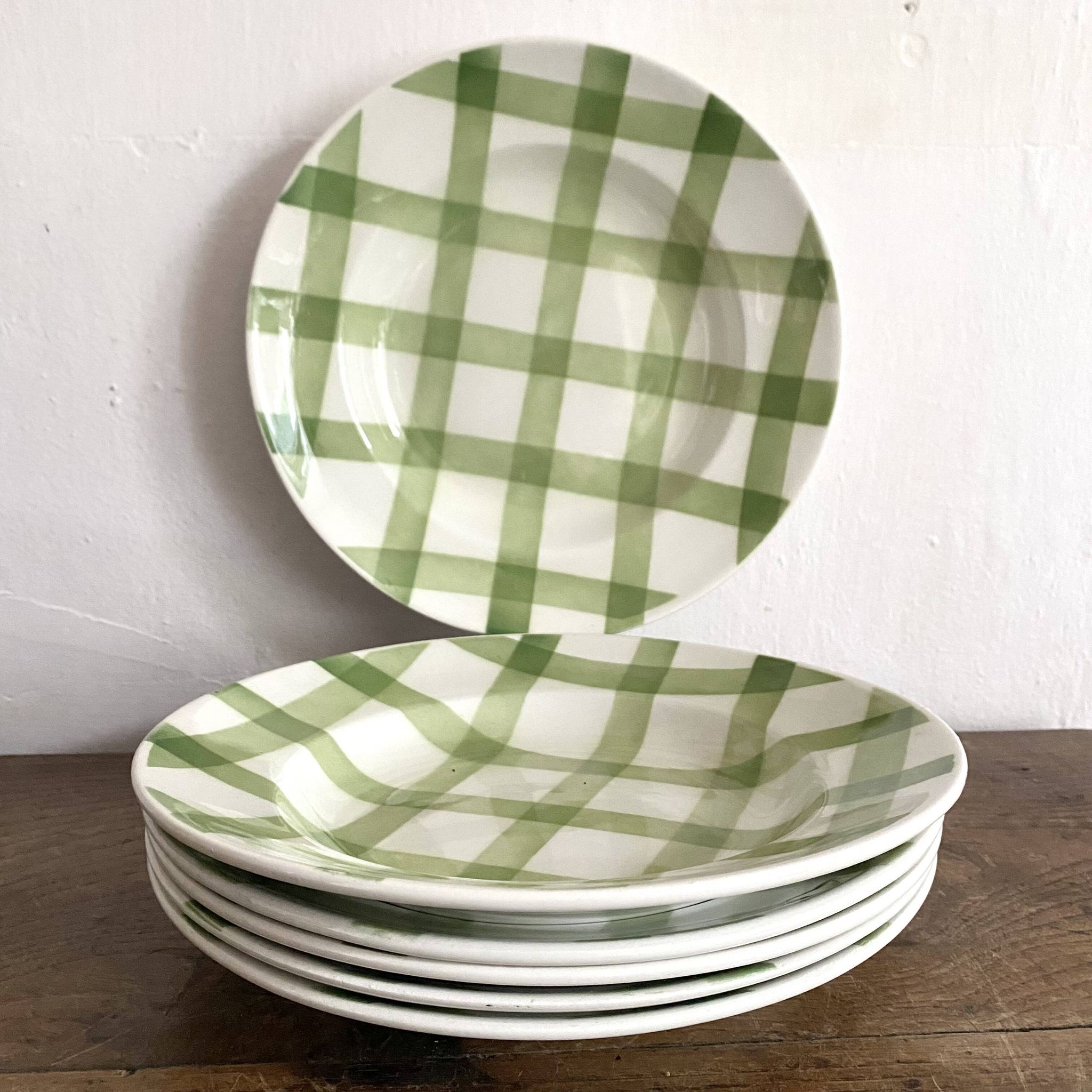 Moulins des loups soup plates, green grid