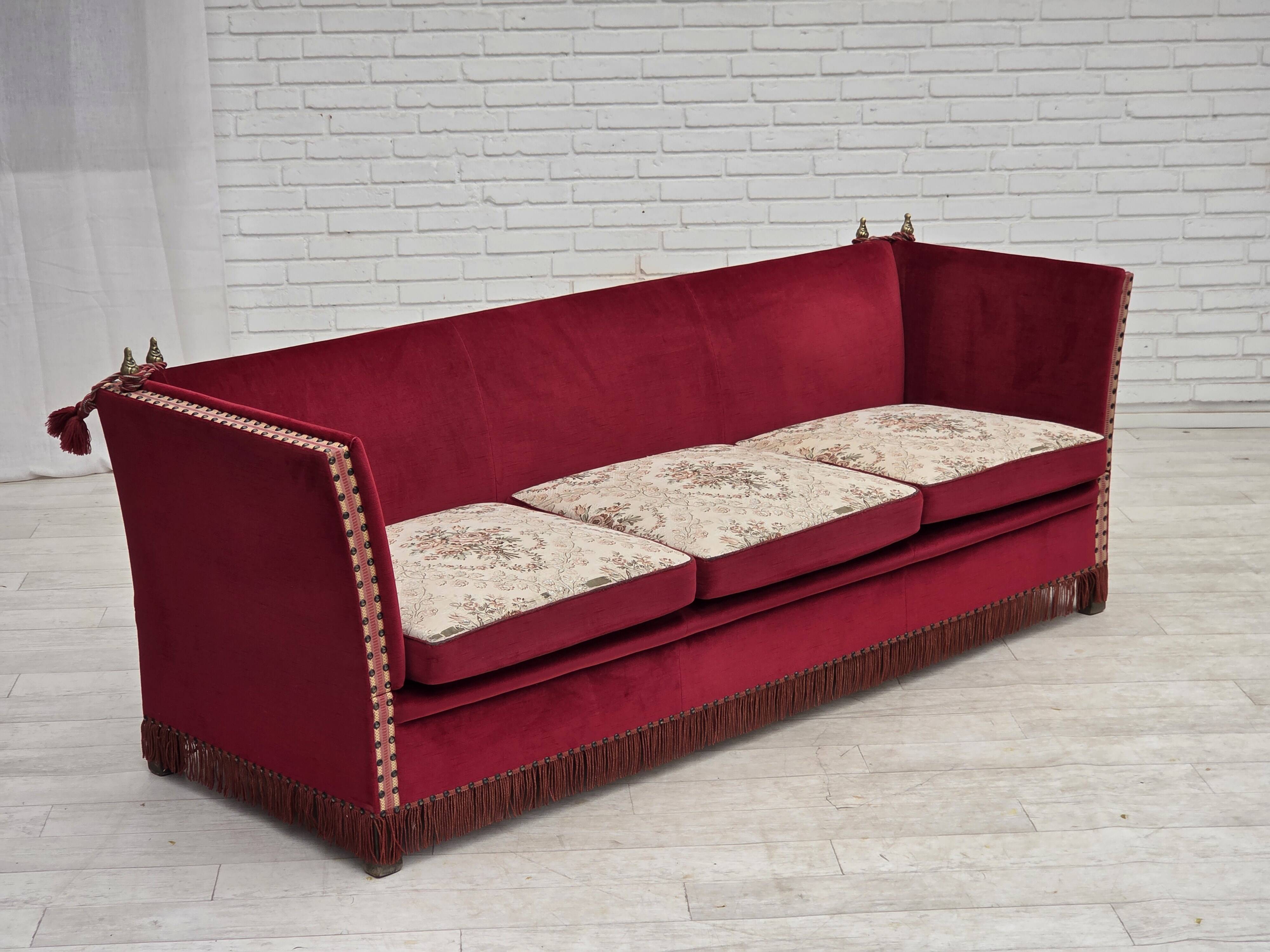 1970s, Danish 3-seater drop arm "Spanish" sofa, red furniture velour.