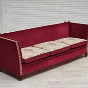 1970s, Danish 3-seater drop arm "Spanish" sofa, red furniture velour.