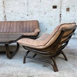 Sofa set with 2 armchairs and coffee table in banbou and leather 1970