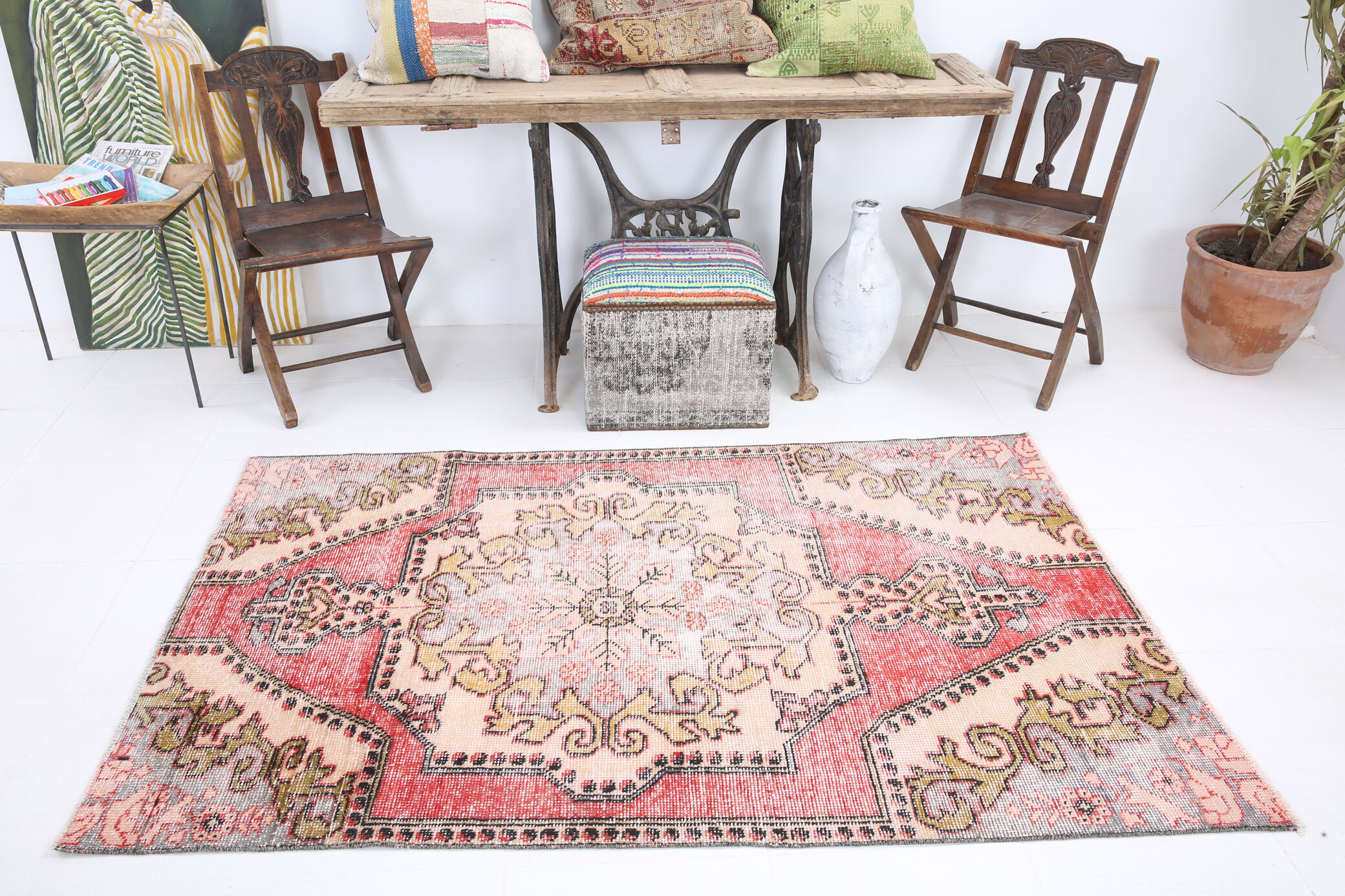 4x6 red turkish vintage rug, 4x6 handmade vintage rug