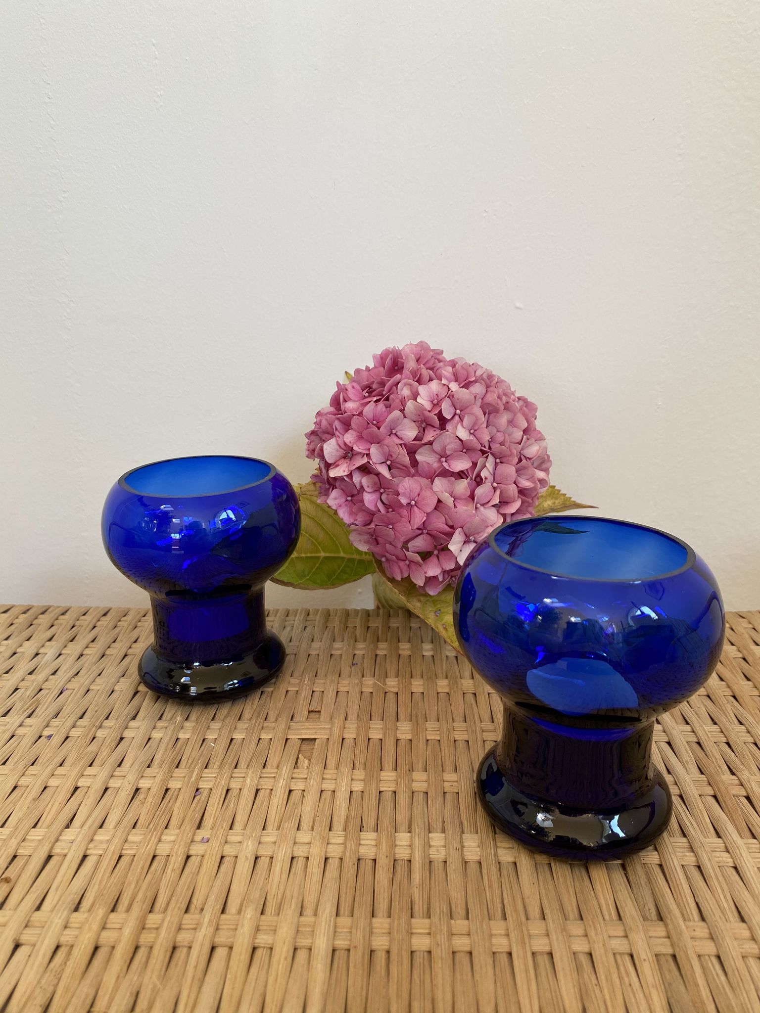 Duo of cobalt blue glass candlestick photophores