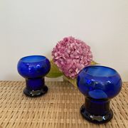 Duo of cobalt blue glass candlestick photophores