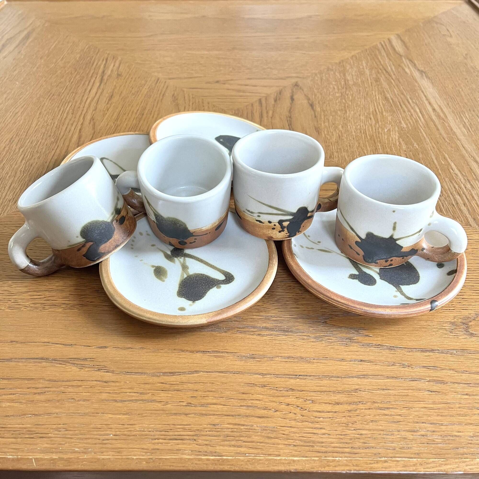 Coffee cups and plates Poterie de La Colombe tachist stoneware 50/60
