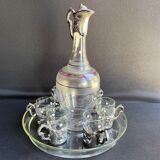 Liquor service Art Nouveau 1/2 Enamelled colored crystal with silver metal frame