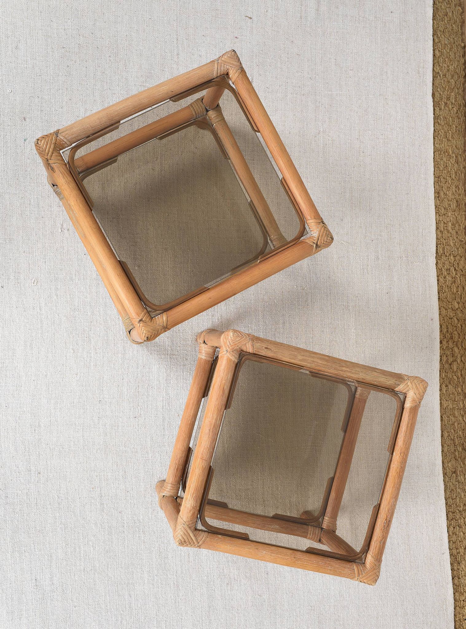 Pair of bedside tables or side tables, in rattan and smoked glass
