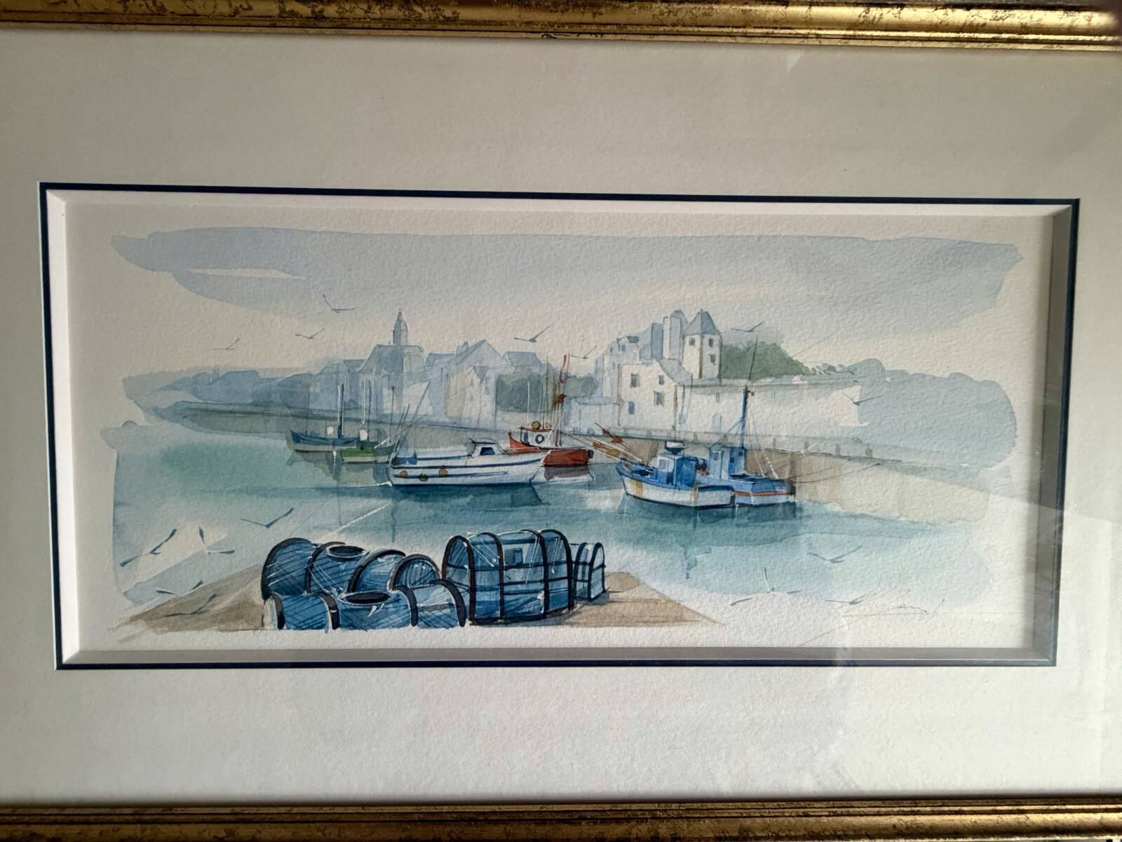Watercolour by Christian Gaudin framed certificate Guérande fishing port marshes