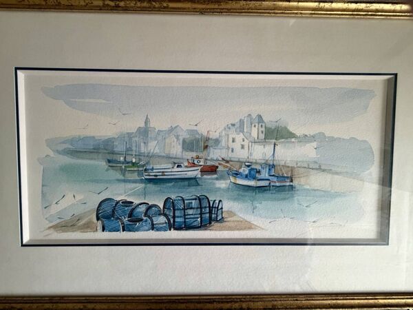 Aquarelle Christian Gaudin encadré certificat Guérande port de pêche marais