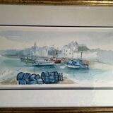 Watercolour by Christian Gaudin framed certificate Guérande fishing port marshes