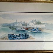 Watercolour by Christian Gaudin framed certificate Guérande fishing port marshes