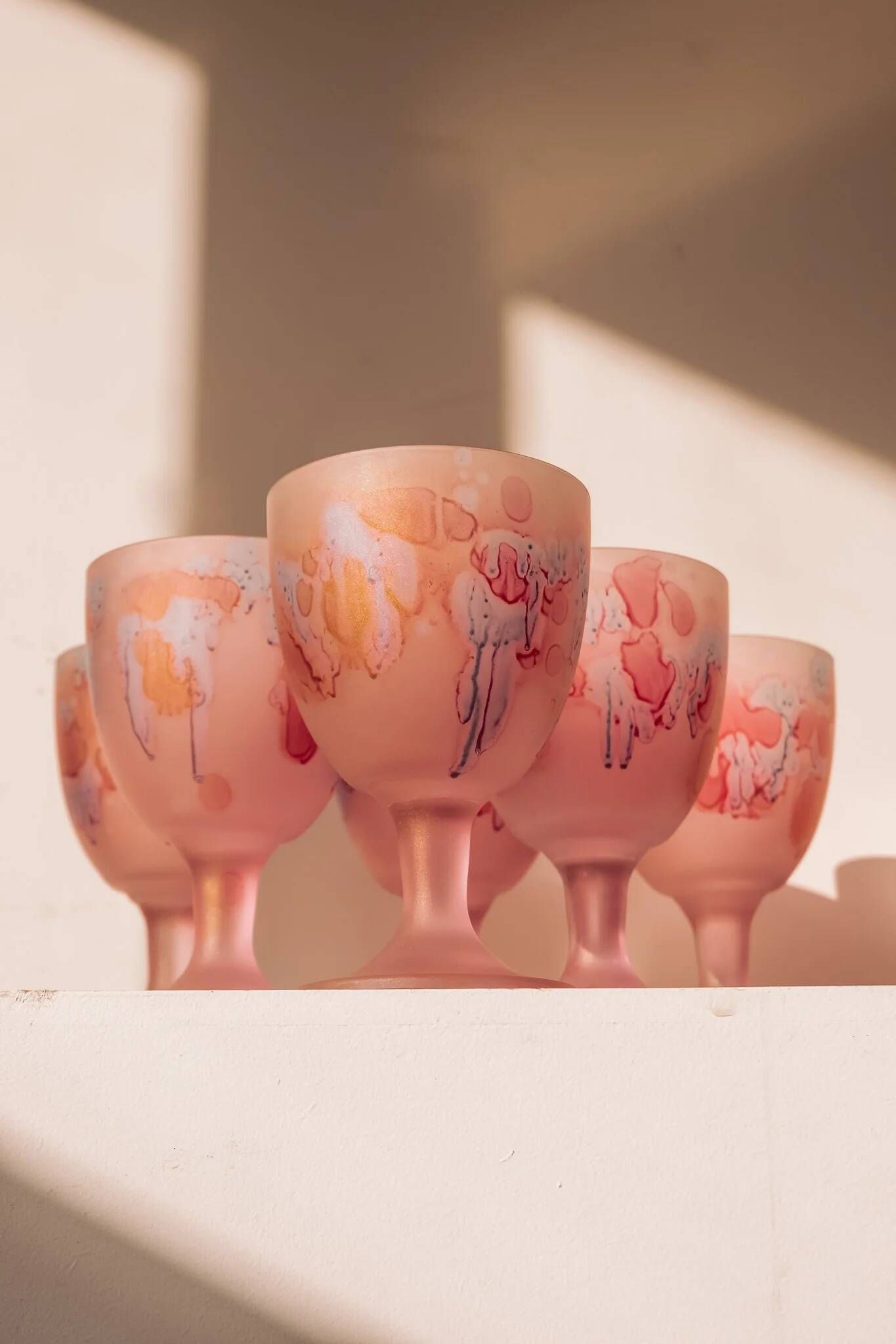Frosted pink wine glasses hand-painted, set of 6