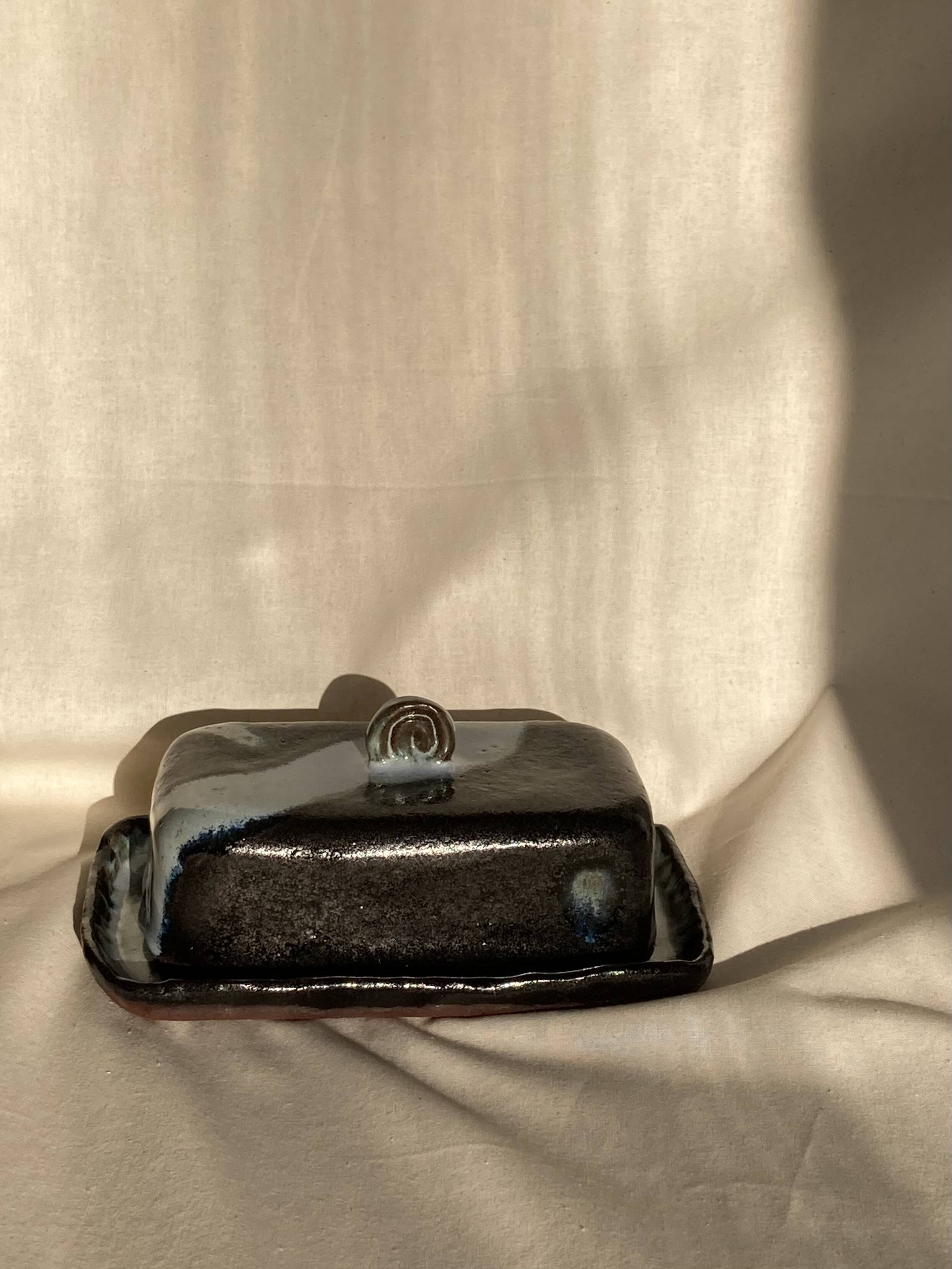 Pink and blue butter dish