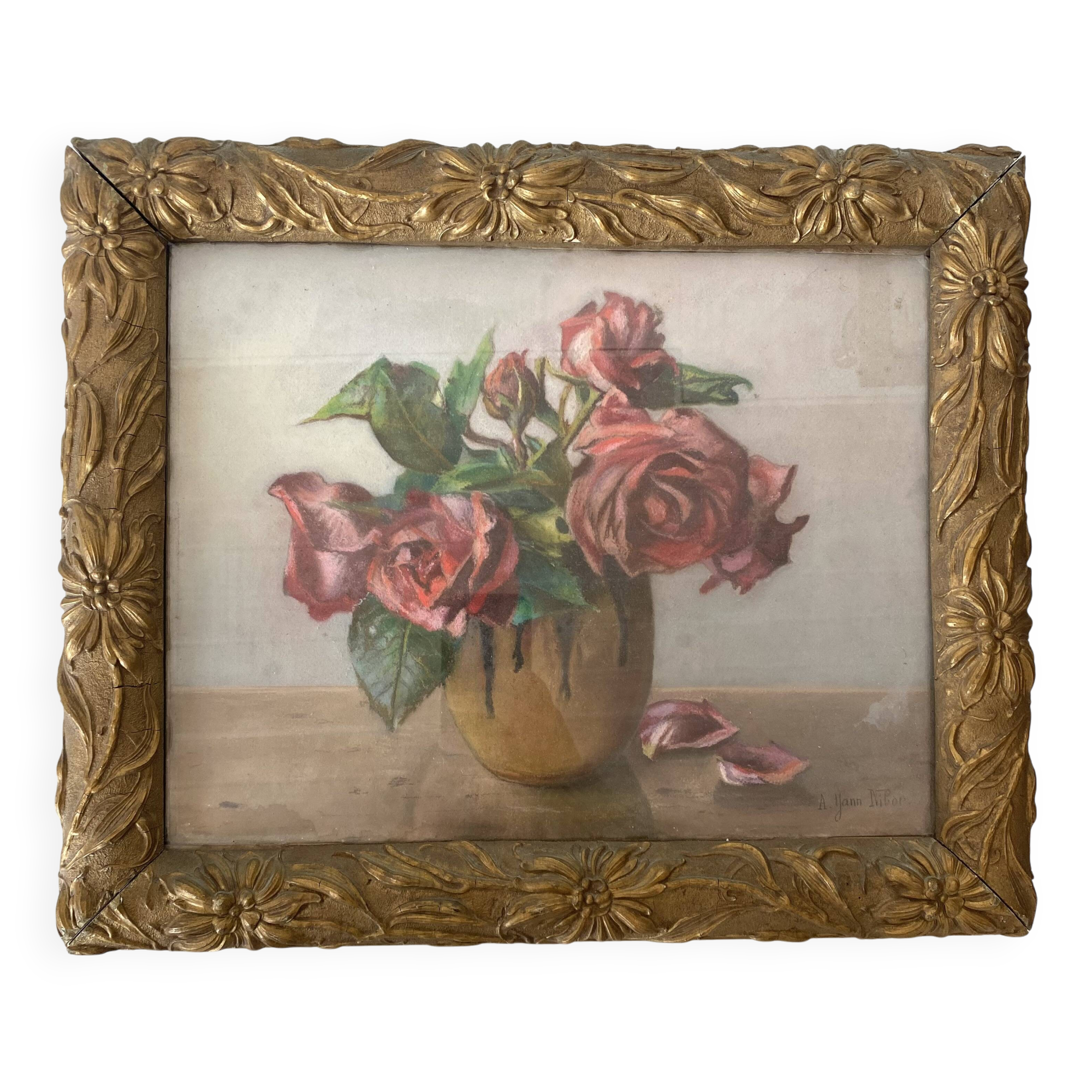 Old pastel bouquet of flowers framed in art nouveau style