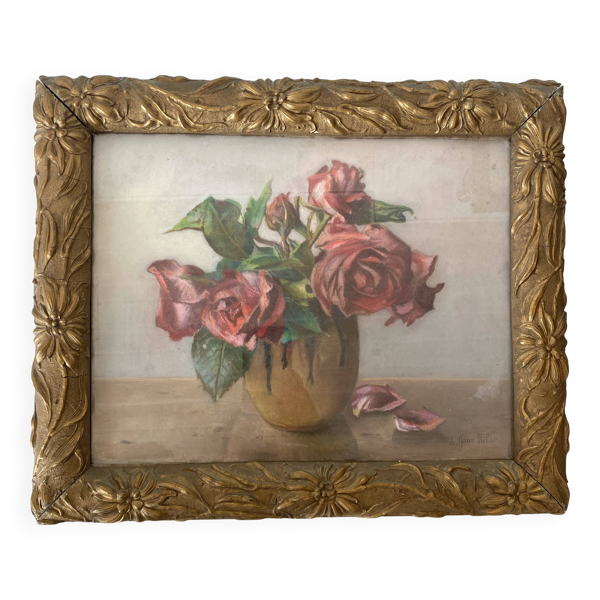 Pastel ancien bouquet de fleurs encadré art nouveau
