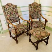 Pair of antique armchairs in Henri II / Neo-Renaissance style + footrest