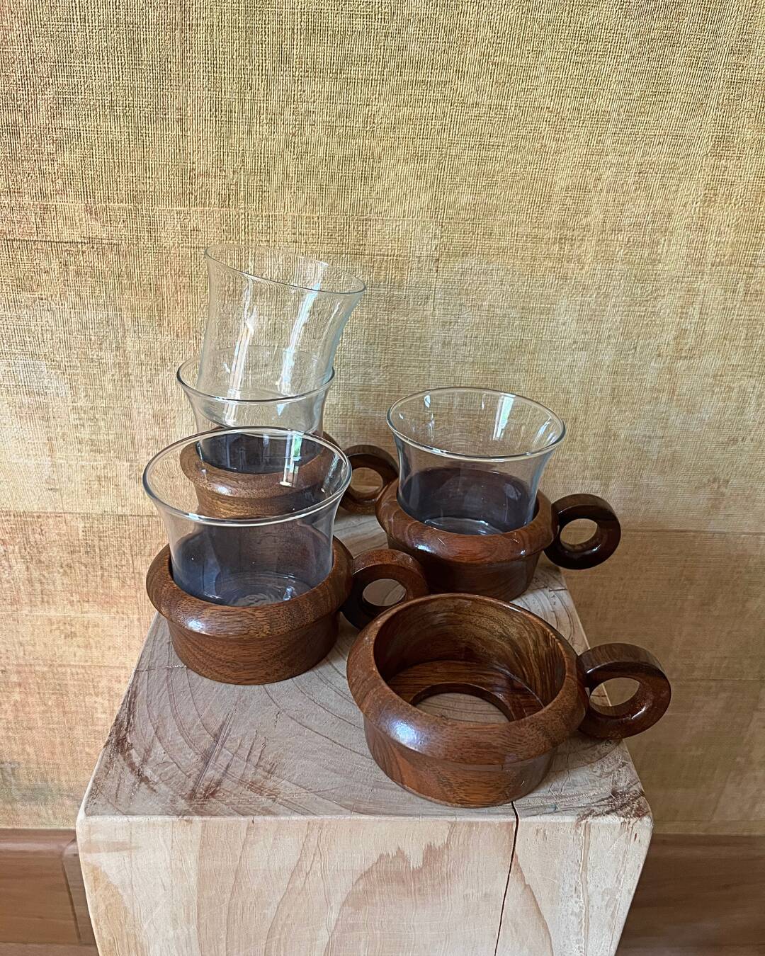 4 vintage Schott Mainz Jeanner cups – glass & teak – 1960/70