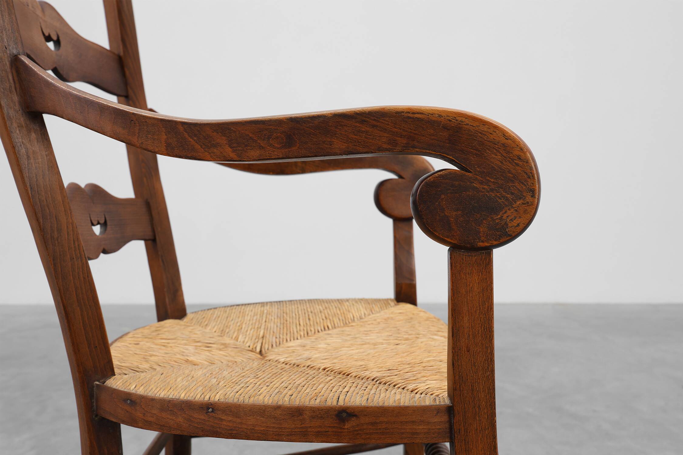 French Provincial Ladder‑Back Armchair with Woven Rush Seat, 19th century