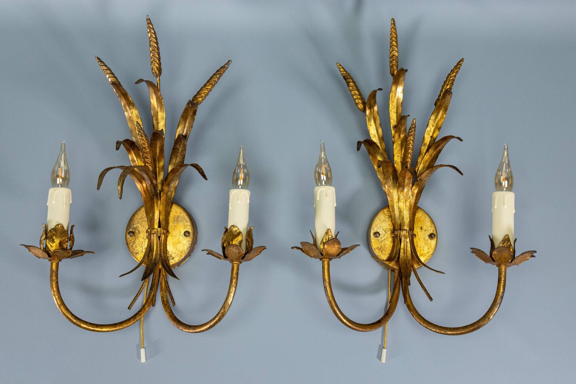 Pair of Hollywood Regency Style Gilt Metal Double-Arm Wheat Sconces, 1970s