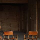 Pair of Spanish brutalist armchairs from the 1960s, wood and leather.