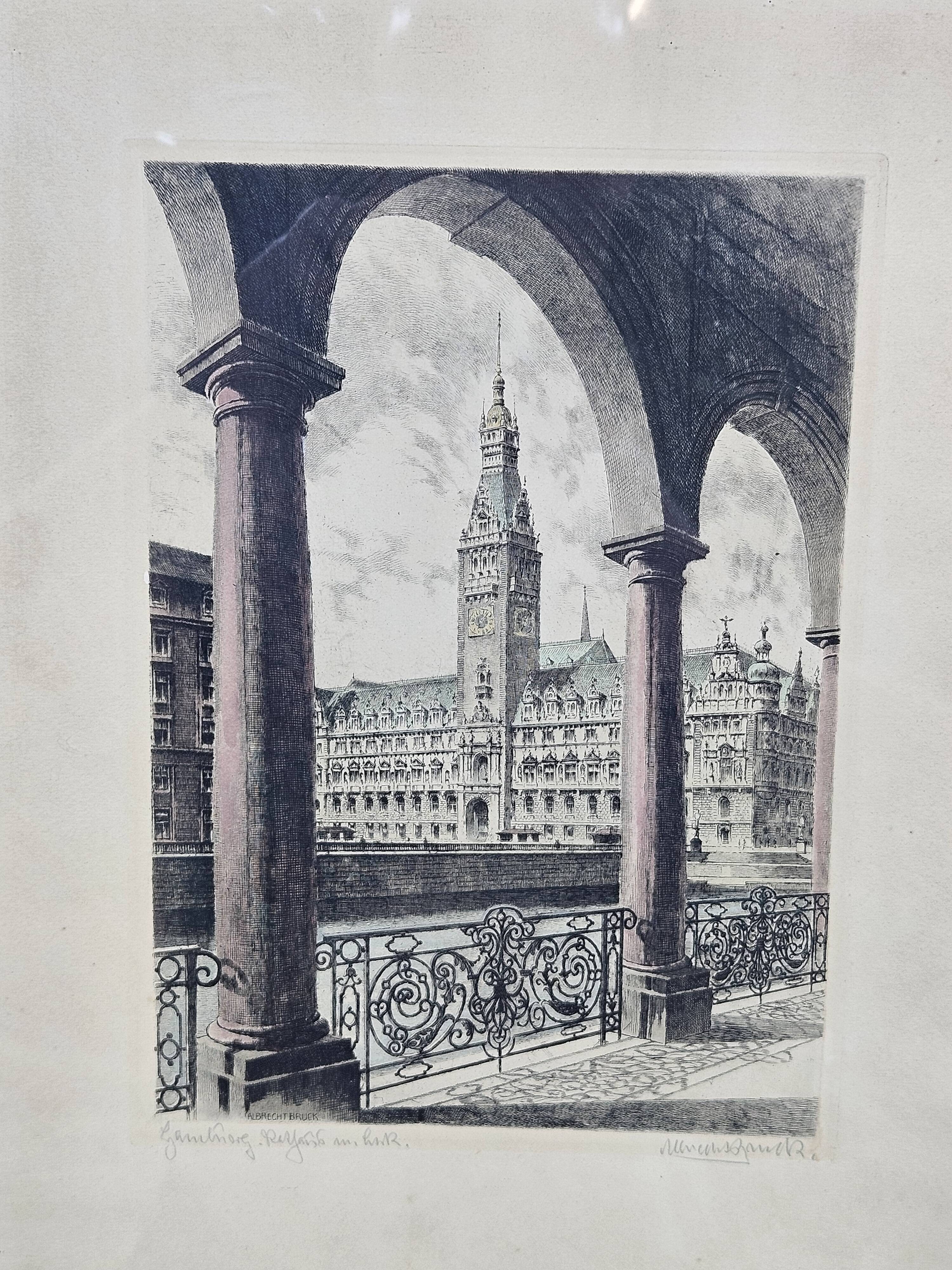 Etching "Town Hall in Hamburg" by Albrecht Bruck
