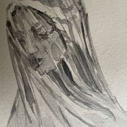 Painting signed watercolor monochrome sepia study statue of “the veiled virgin by Giovanni Strazza”