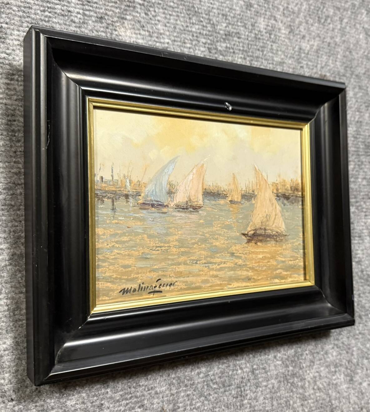 Molina Ferrer: oil painting on panel depicting a seascape with sailing boats