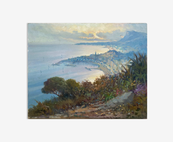Tableau de Louis Sola (1928-2011) HST "Baie de Garavan" Menton