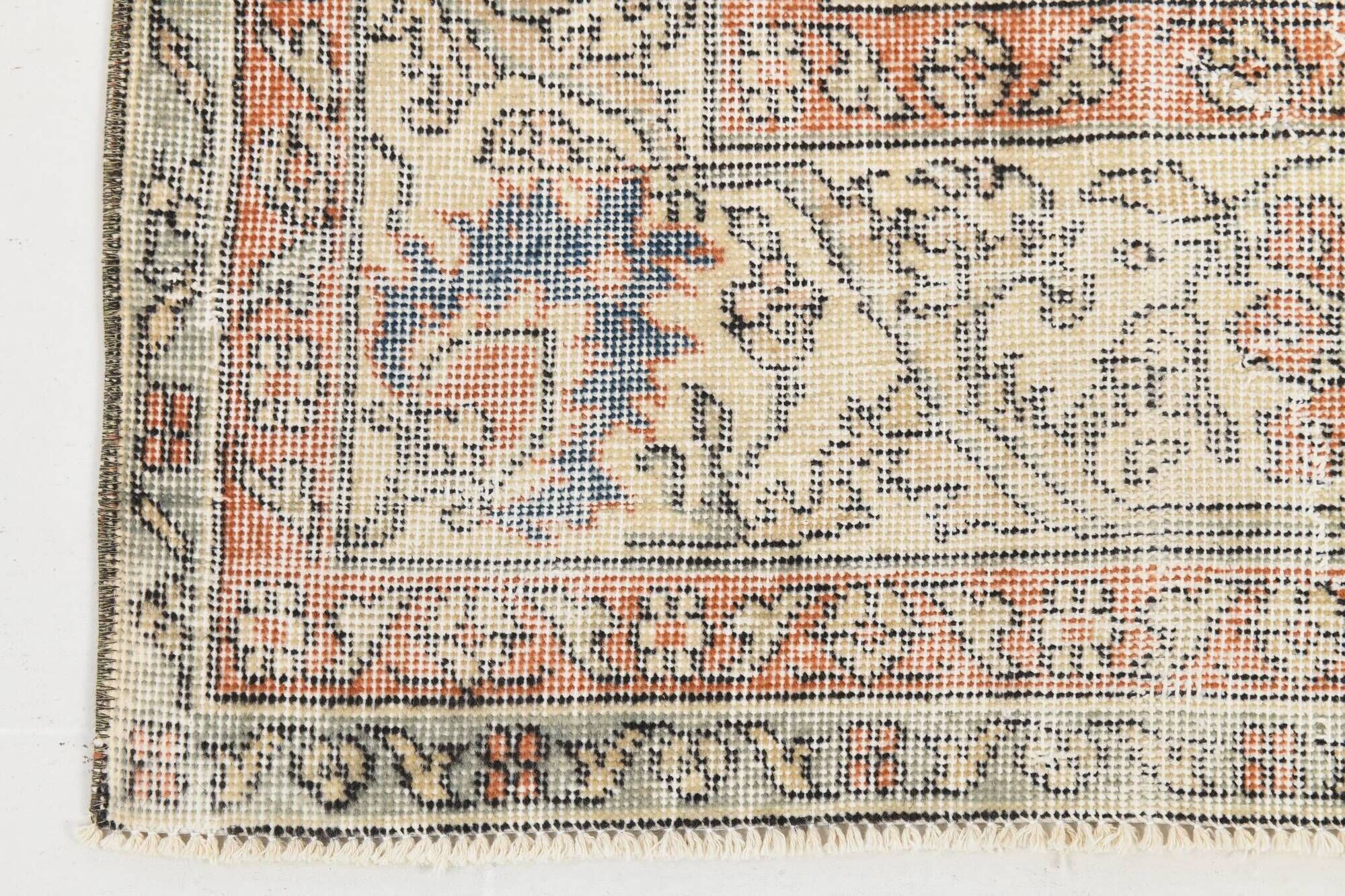 8x11 Orange & Blue Bordered Turkish Vintage Rug, Rugs For Bedroom, Antique