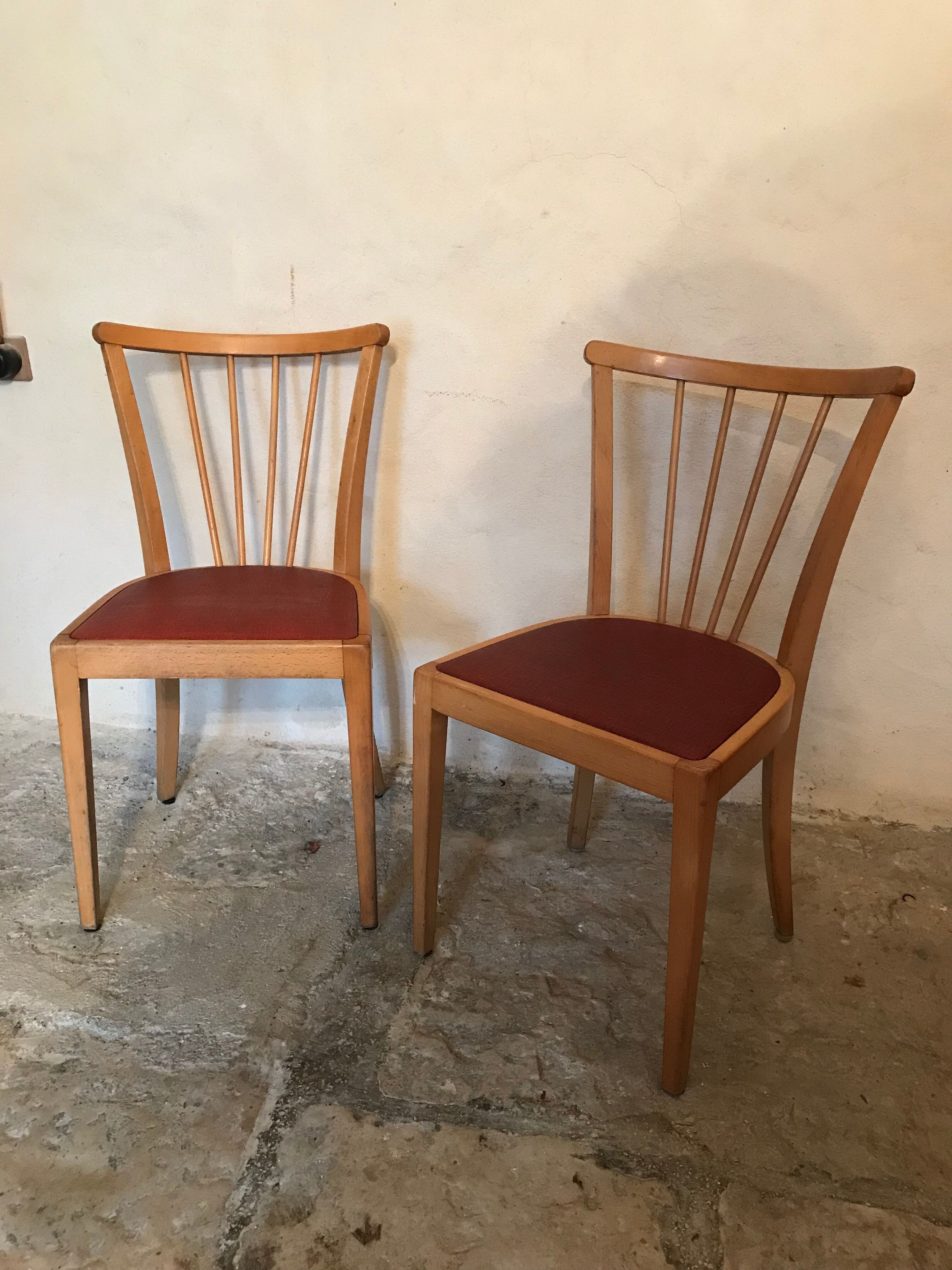 Pair of vintage bistro chairs 1960's blond wood and skaï