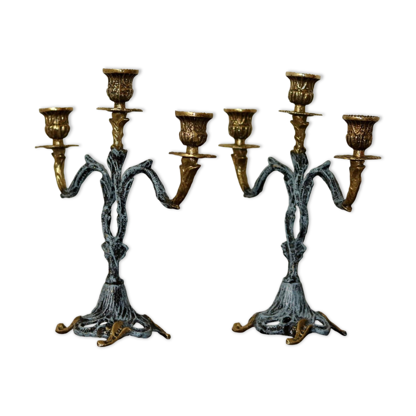 Brutalist Style Pair of Vintage Brass Candleholders
