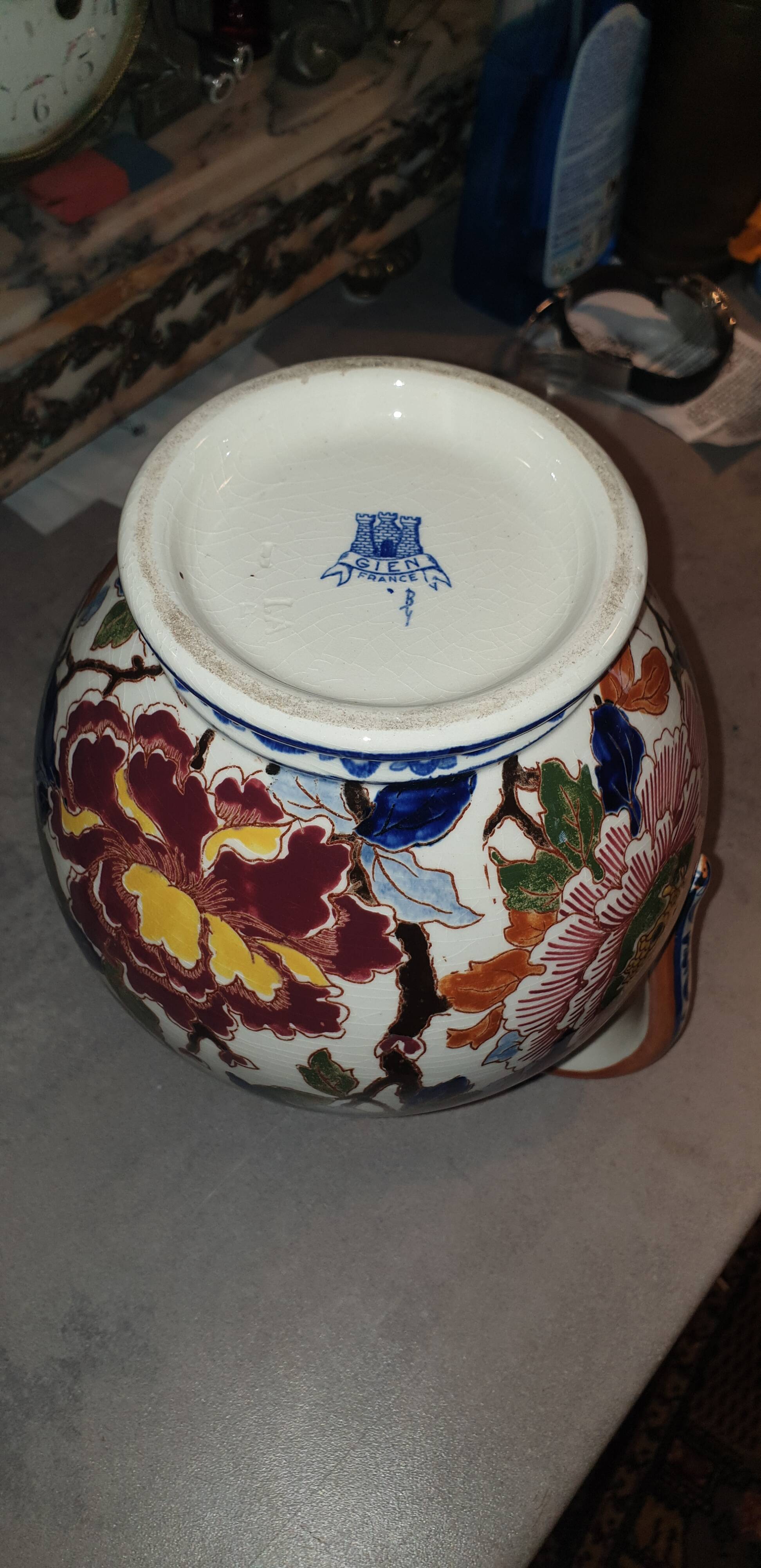 Gien earthenware pitcher peony decor.