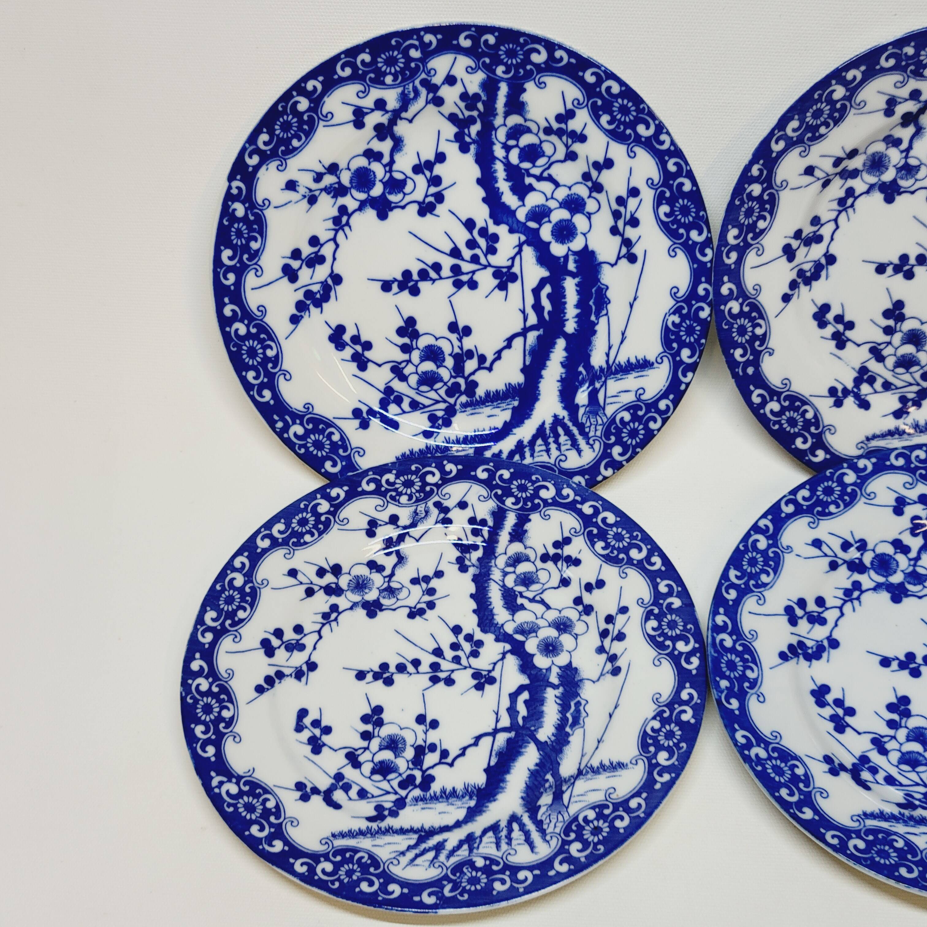 6 Small Dessert Plates in Fine Porcelain with Cherry Blue Decor