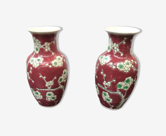 Pair Of Vase Ancient Chinese Ceramics White Red Decor Vintage Flowers Selency Pair Of Vase Ancient Chinese Ceramics White Red Decor Vintage Flowers Selency