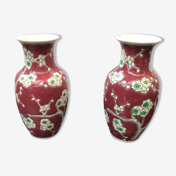 Paire de vases ancien chinois céramique blanc & rouge décor fleurs vintage