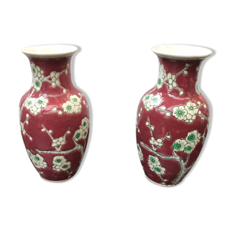 Pair of vase ancient chinese ceramics white - red decor vintage flowers