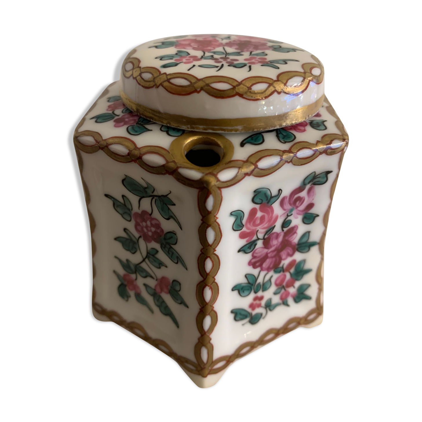 20th century polychrome porcelain inkwell floral decoration