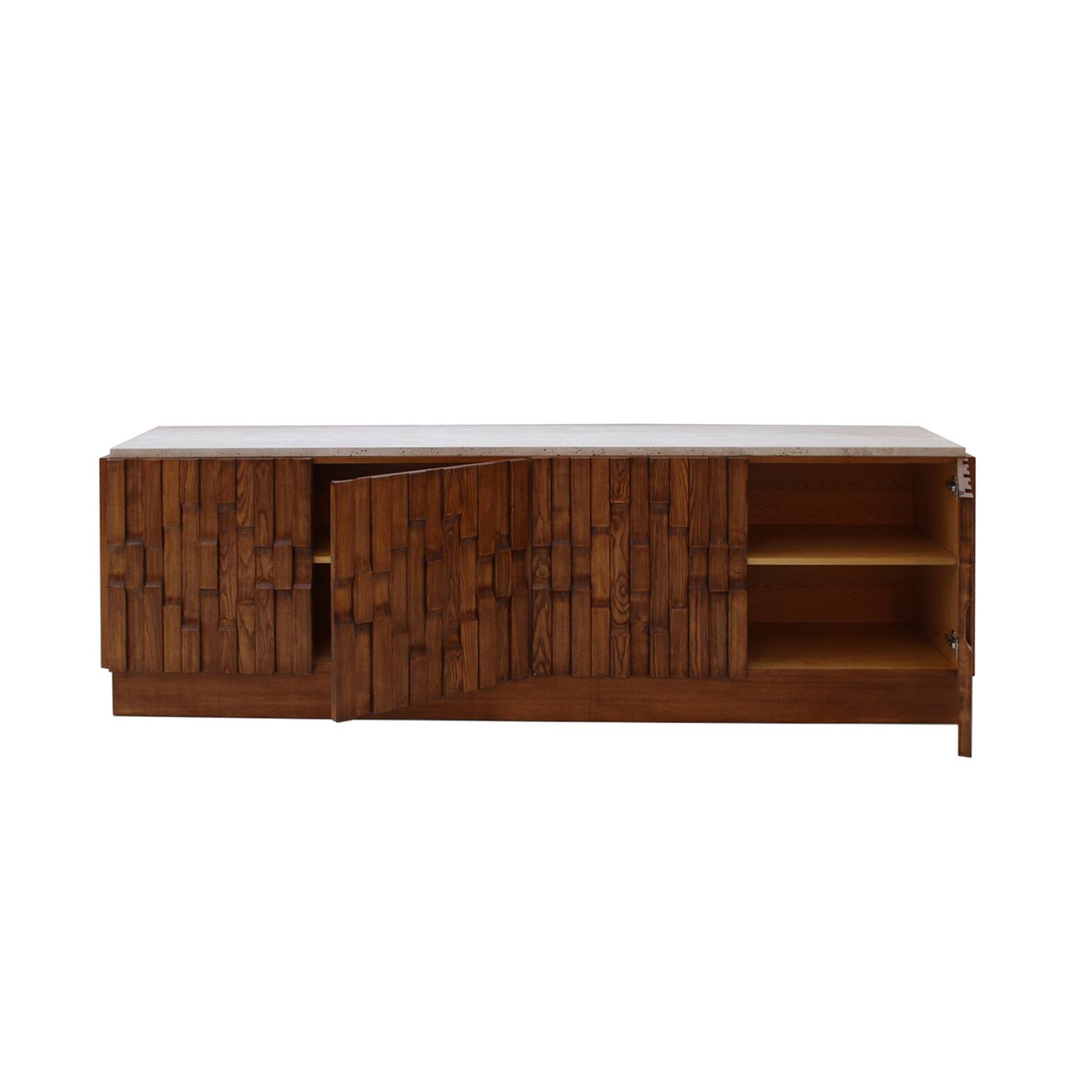 Italian Oak Wood Sideboard with Travertine Marble Top and Hand Carved Patte