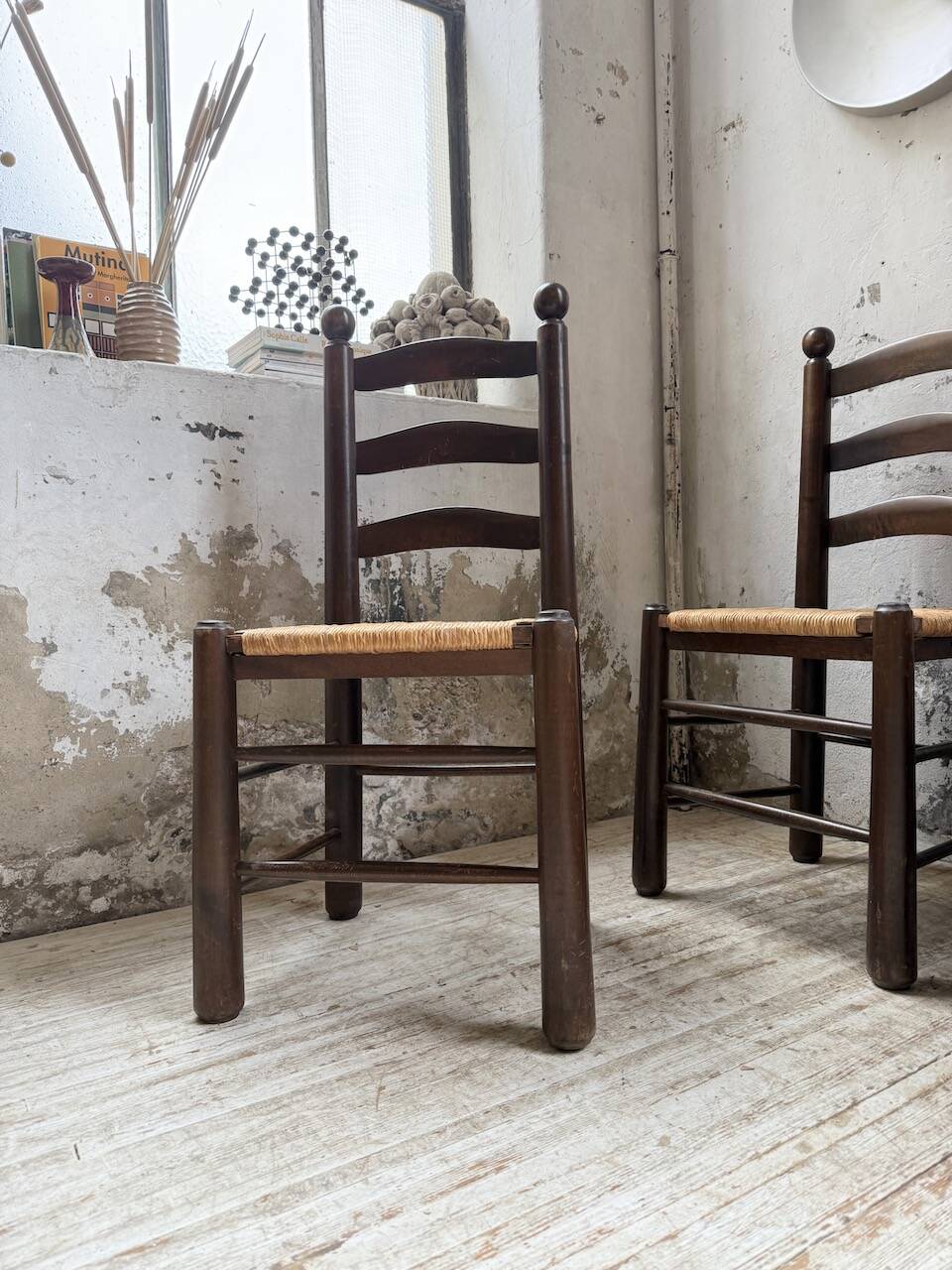 Straw chairs oak 1940s Dudouyt