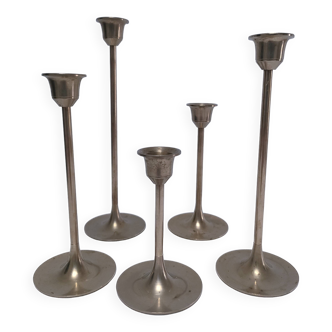 Five vintage Scandinavian design brass candlesticks