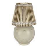 Vintage ceramic lamp with wicker and cotton shade.