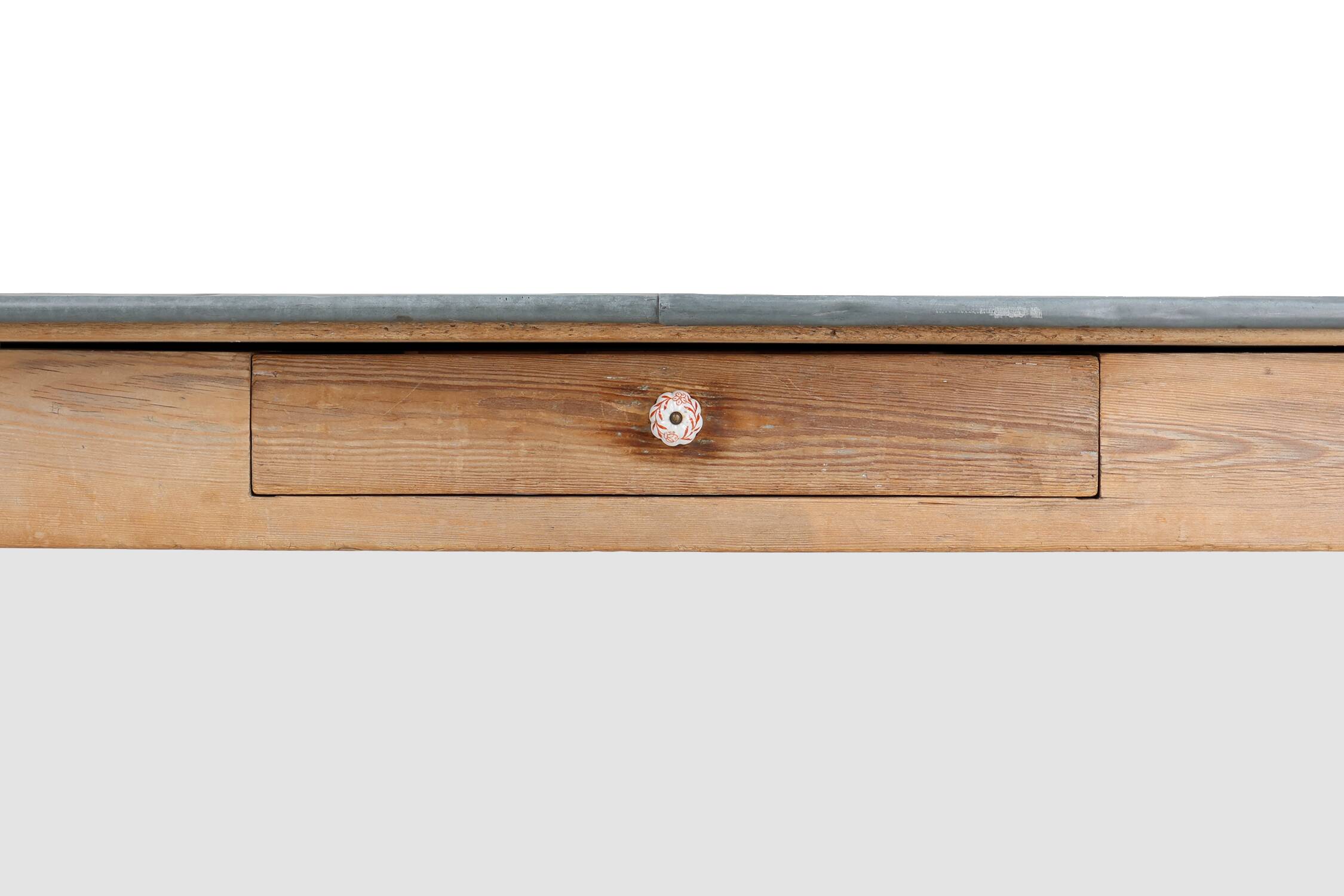 Rustic French pine wood dinner table with zinc top, ca. 1850